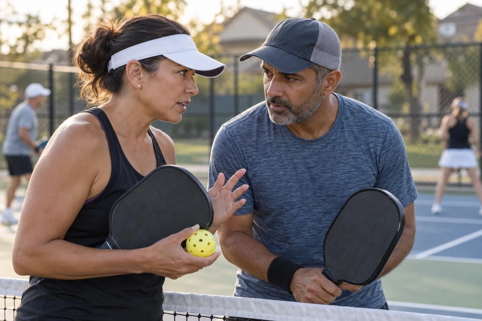 Two pickleball partners communicating before a point on a community court