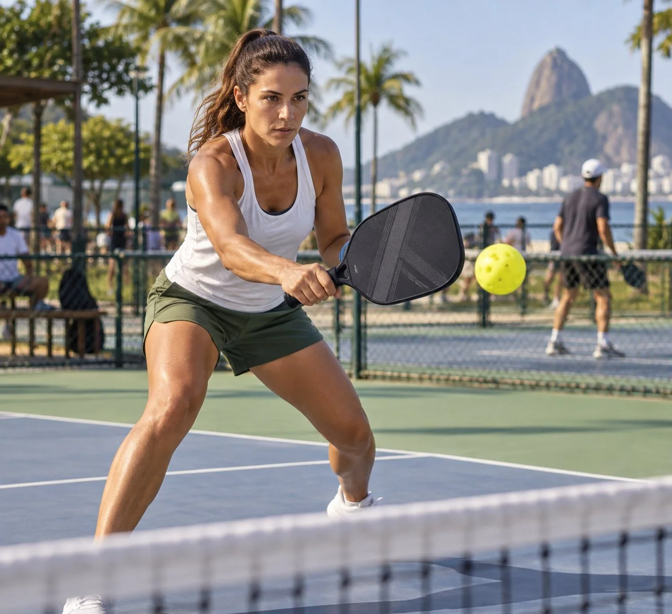 Jogador de pickleball em posição compacta lendo a bola antes do contato