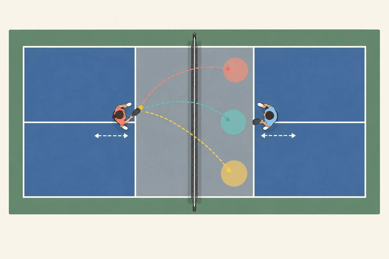 Player demonstrating low, controlled contact for a crosscourt dink