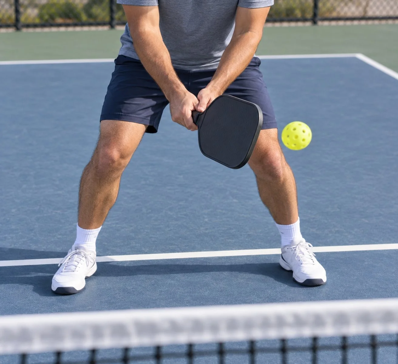 Close-up instructional sports photograph showing a pickleball paddle centered in front of the torso, relaxed grip, bent knees, and a soft ball arriving at a reachable contact point