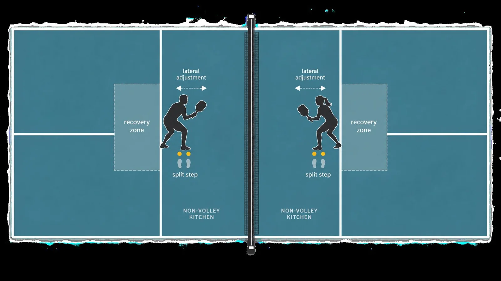 Instructional overhead diagram of a pickleball kitchen exchange with split-step timing, small lateral adjustment arrows, and a return-to-ready recovery zone