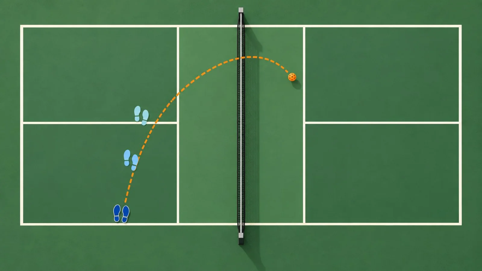 Overhead footwork sequence from the baseline toward the kitchen