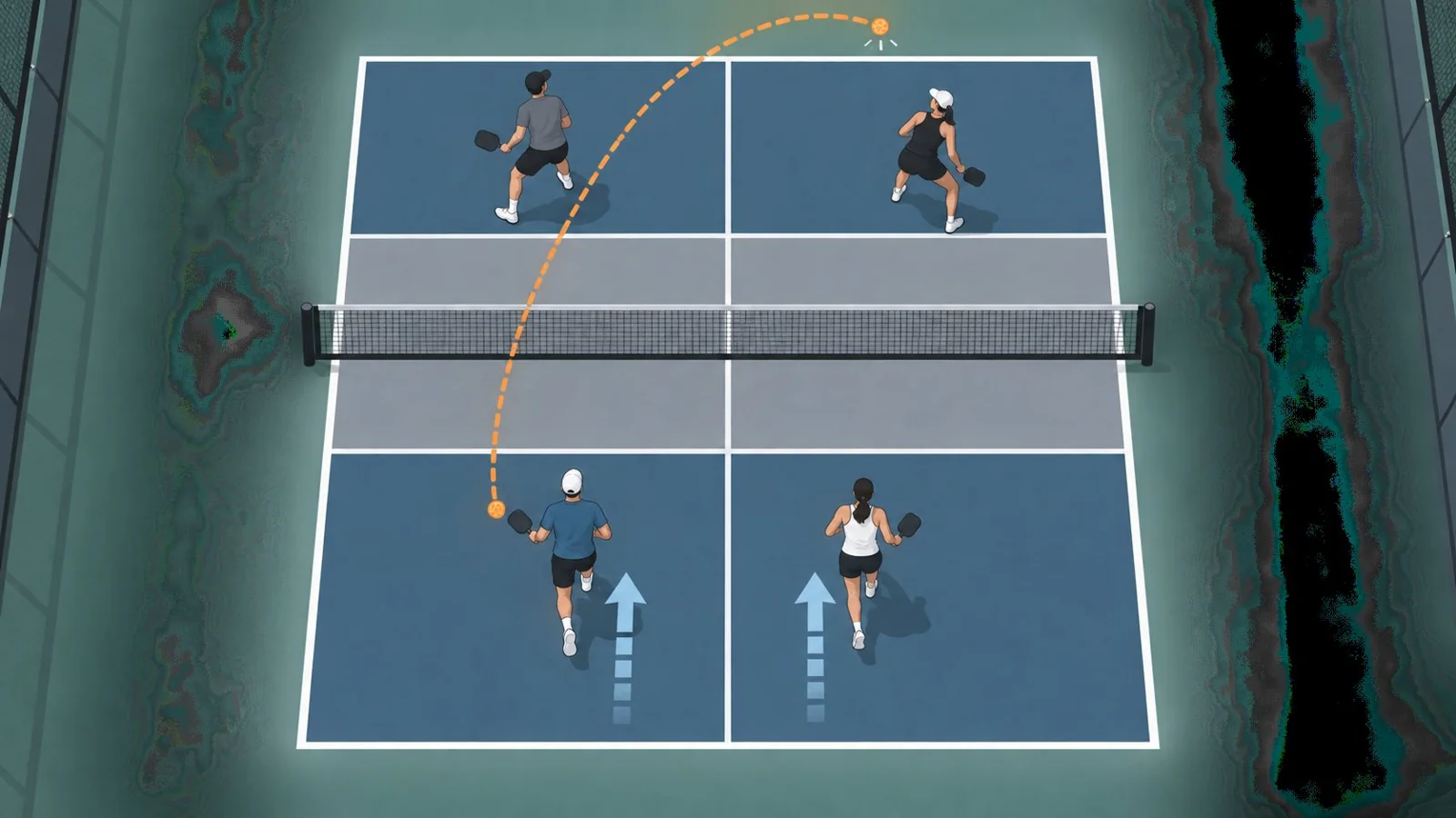 Overhead instructional diagram showing pickleball lob recovery, opponent turn, and coordinated partner movement