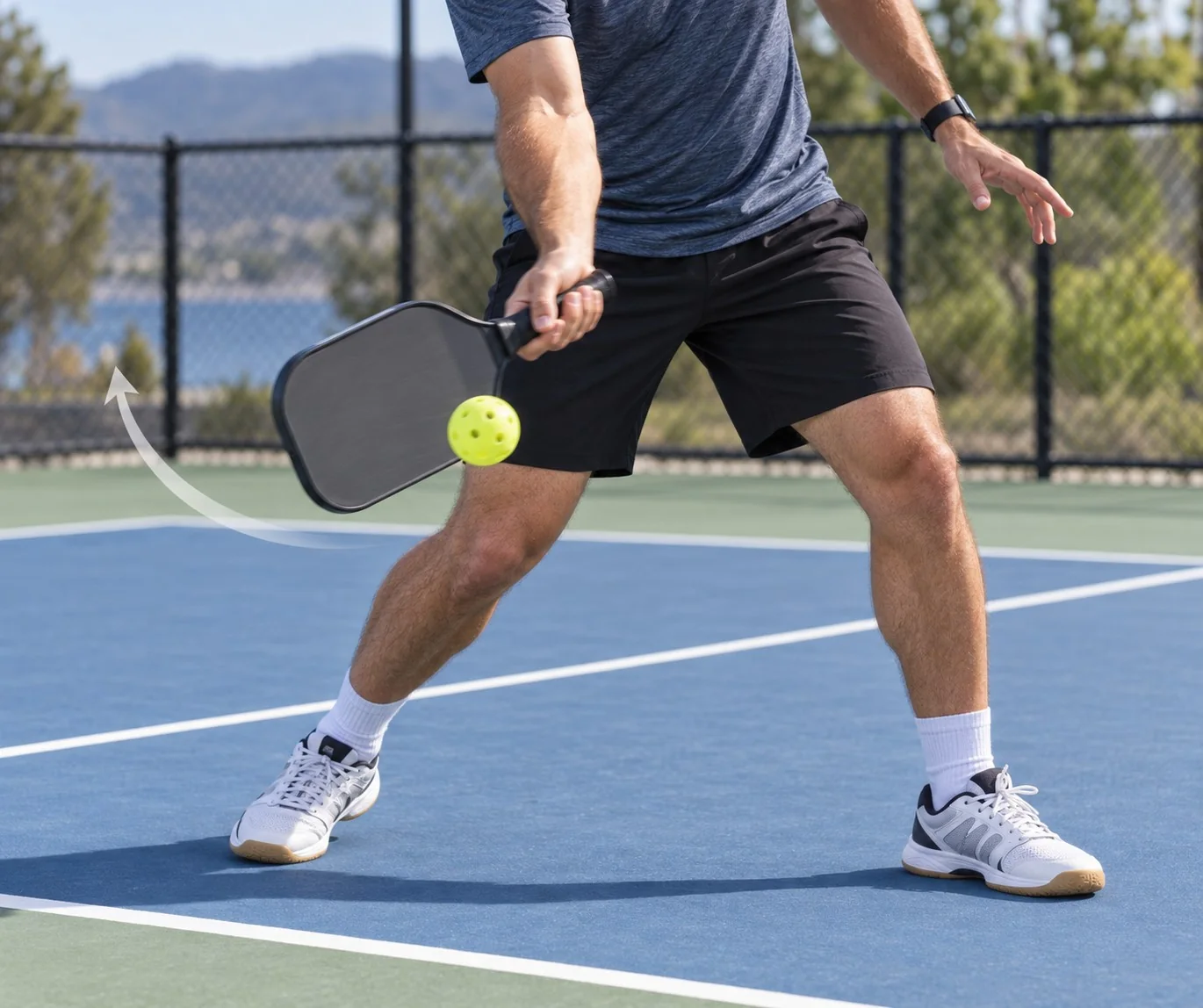 Side-view contact close-up for a pickleball forehand drive, showing feet set apart, ball in front of the lead leg, solid-faced paddle, and a low-to-high path that finishes forward; clean editorial coaching graphic, no text