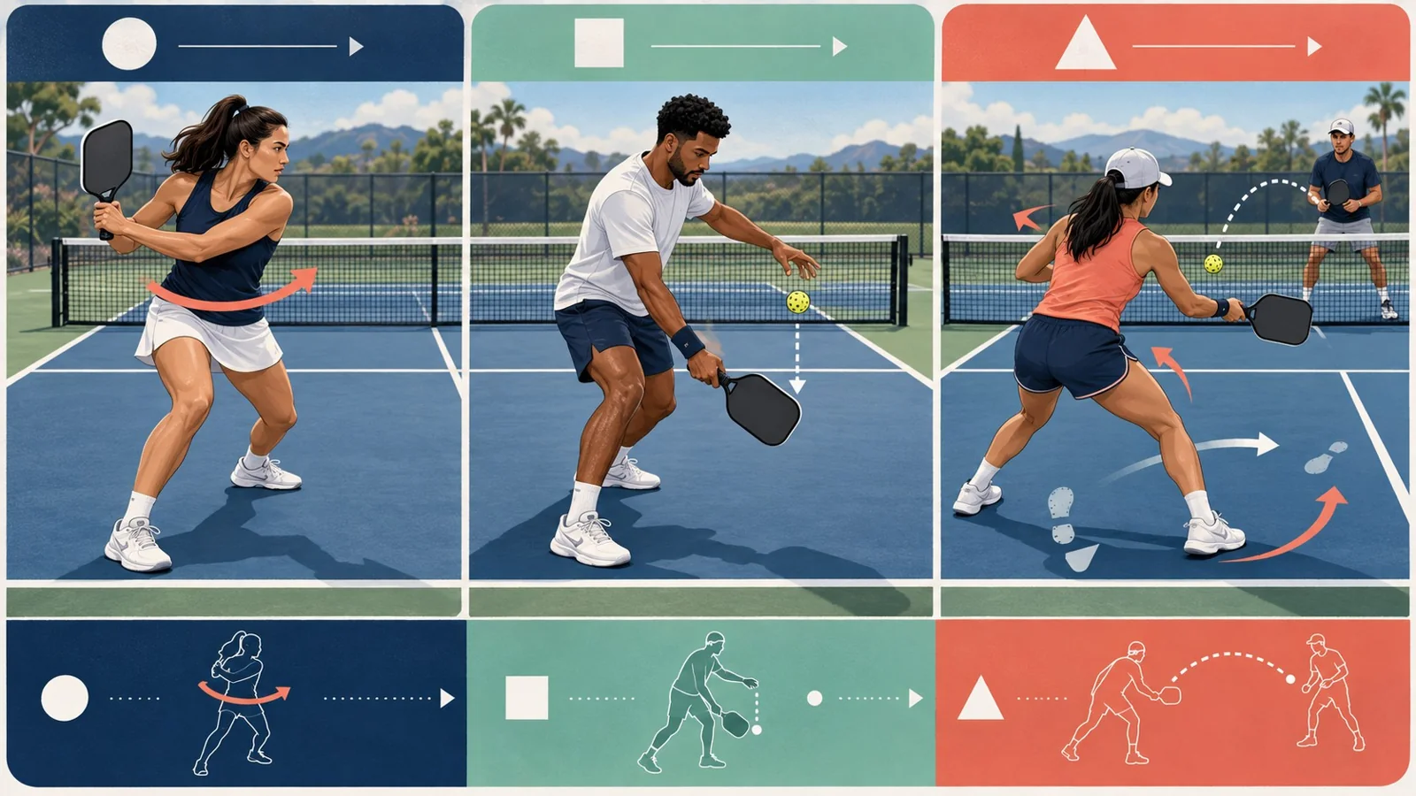 Pickleball forehand-drive practice diagram with three stations: shadow turn, self-drop contact, and partner feed to feet targets, arrows showing move-set-swing-recover