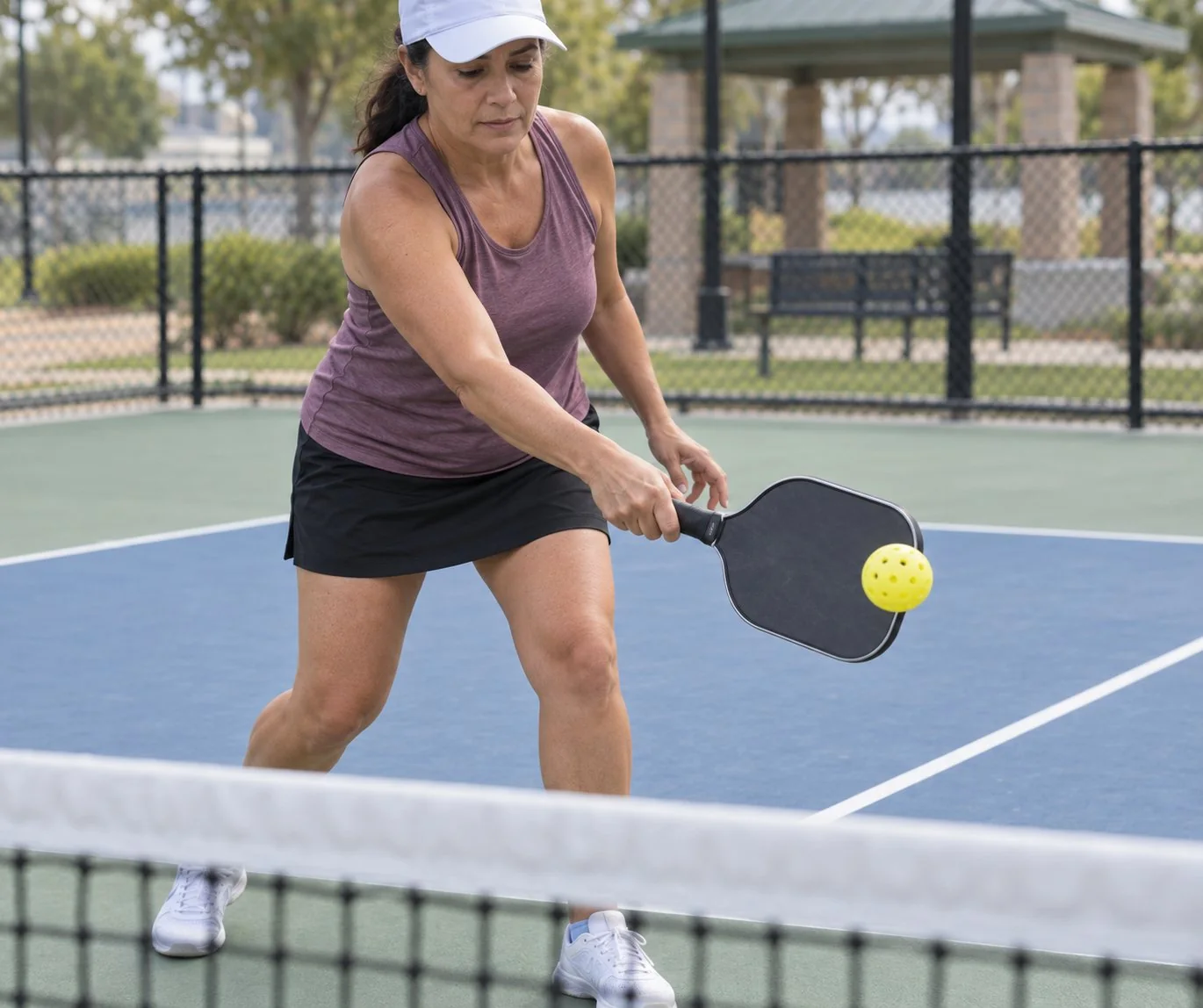 Close-up of balanced backhand dink contact in front of the body