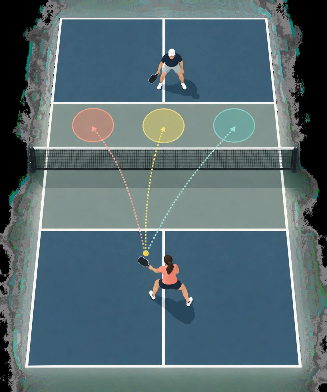 Overhead backhand dink drill with kitchen target zones and recovery paths