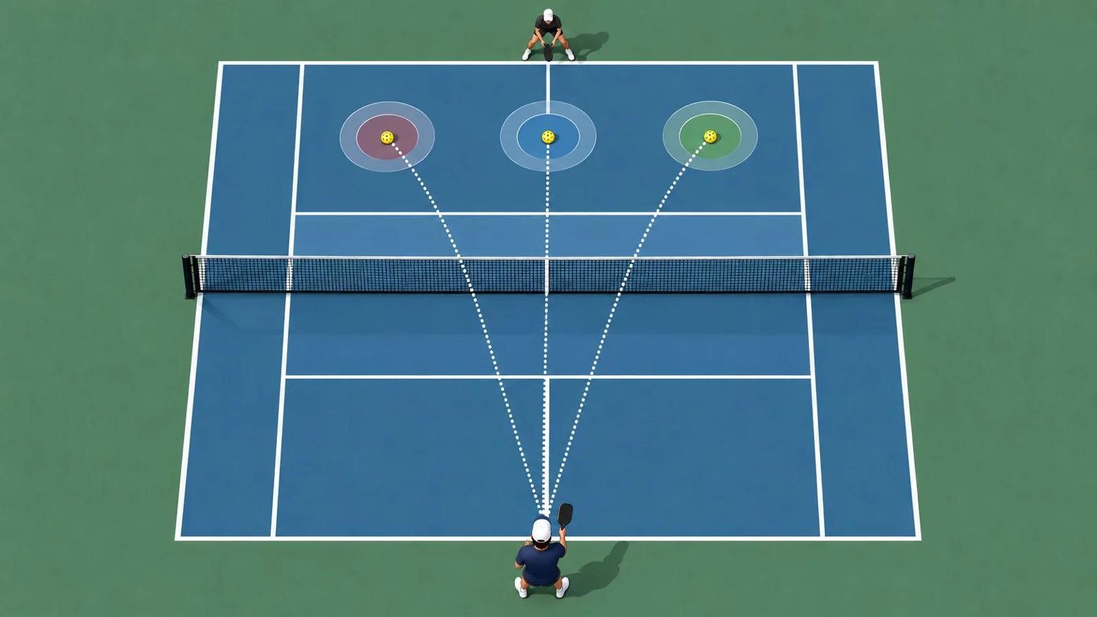 Diagrama superior de objetivos y trayectorias para practicar el saque corto