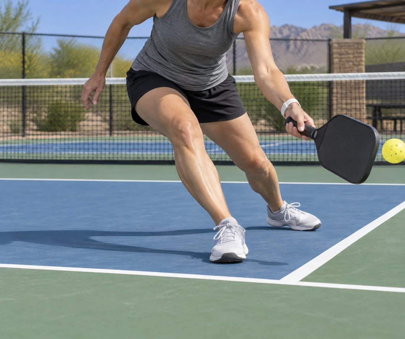 Close-up instructional view of balanced crossover footwork at the kitchen