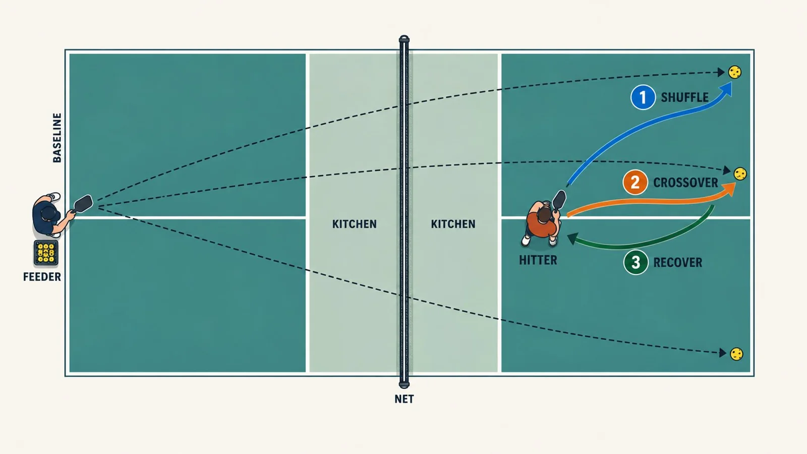 Overhead drill diagram for shuffle, crossover, and recovery practice