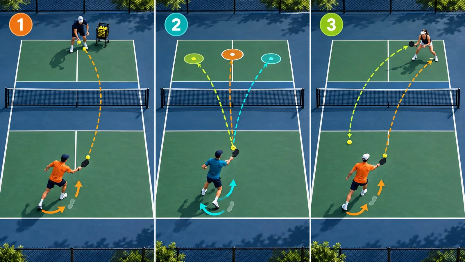 Sơ đồ ba bài tập forehand slice từ feed đến rally chéo sân