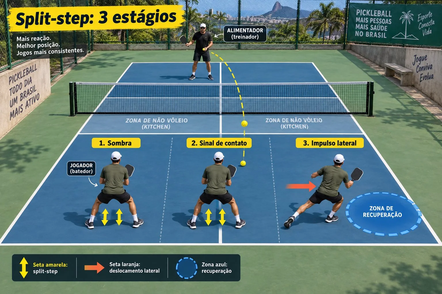 Diagrama de treino com sinal de contato, deslocamento lateral e recuperação à linha da cozinha