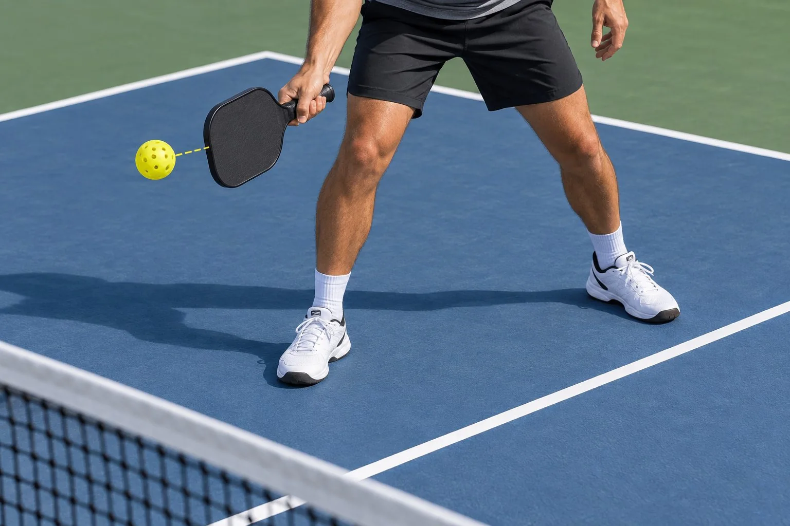 Instructional close-up showing balanced feet, paddle space, and contact in front