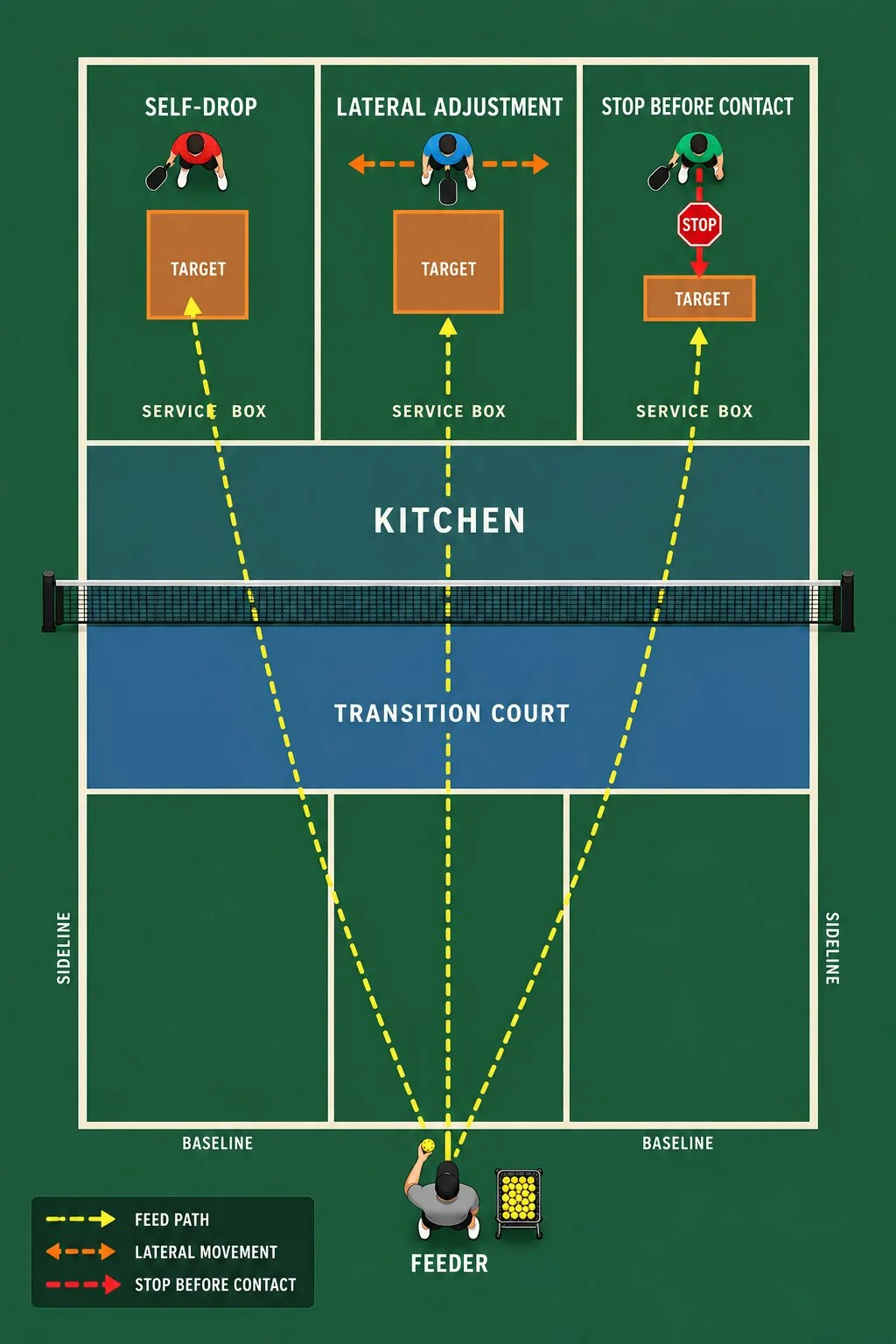 Overhead practice diagram for self-drops, lateral adjustments, and stop-before-contact
