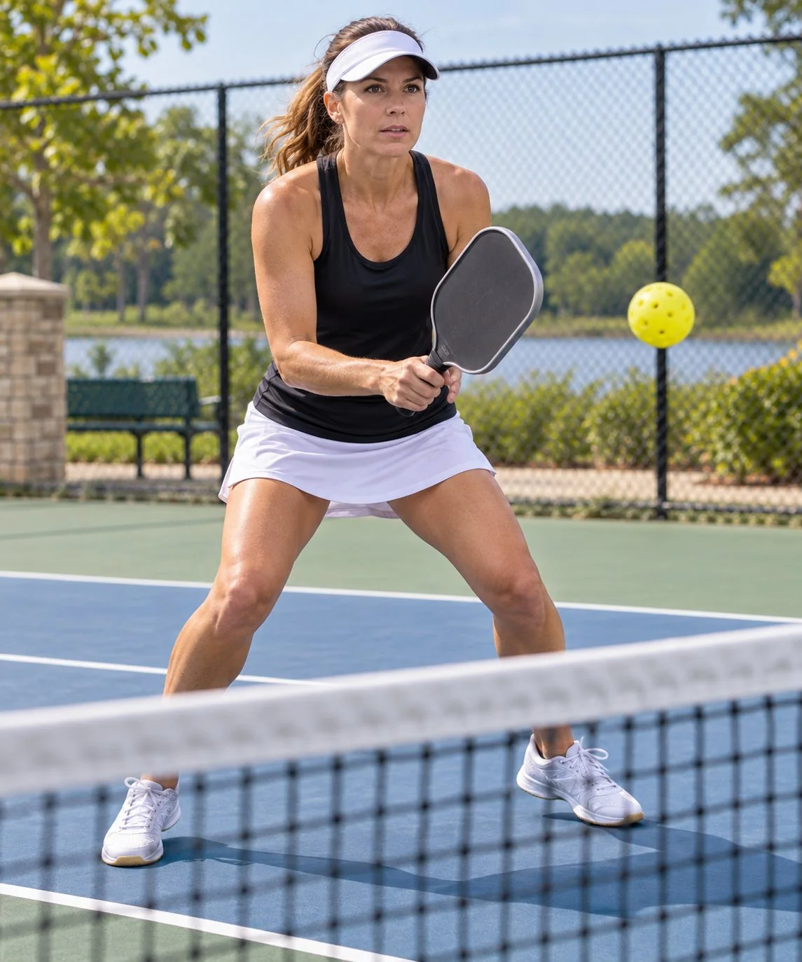 Close-up of balanced split-step footwork on a pickleball court