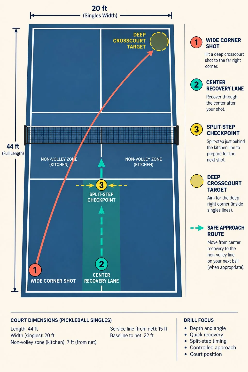 Overhead singles drill diagram with recovery lane and target zones
