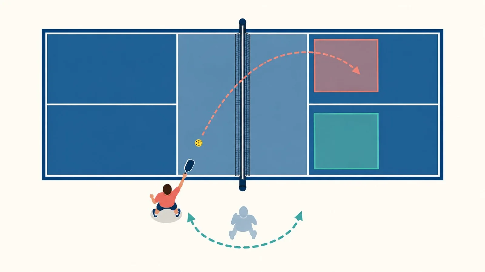 Sơ đồ overhead về điểm chạm phía trước và vùng mục tiêu an toàn trên sân pickleball