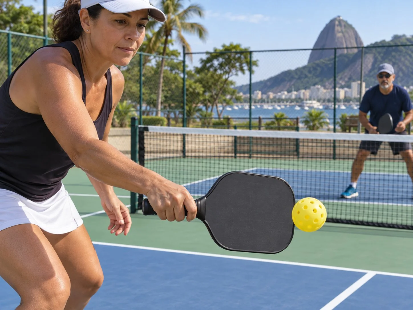 Close-up de uma mão relaxada segurando a raquete durante um dink no pickleball
