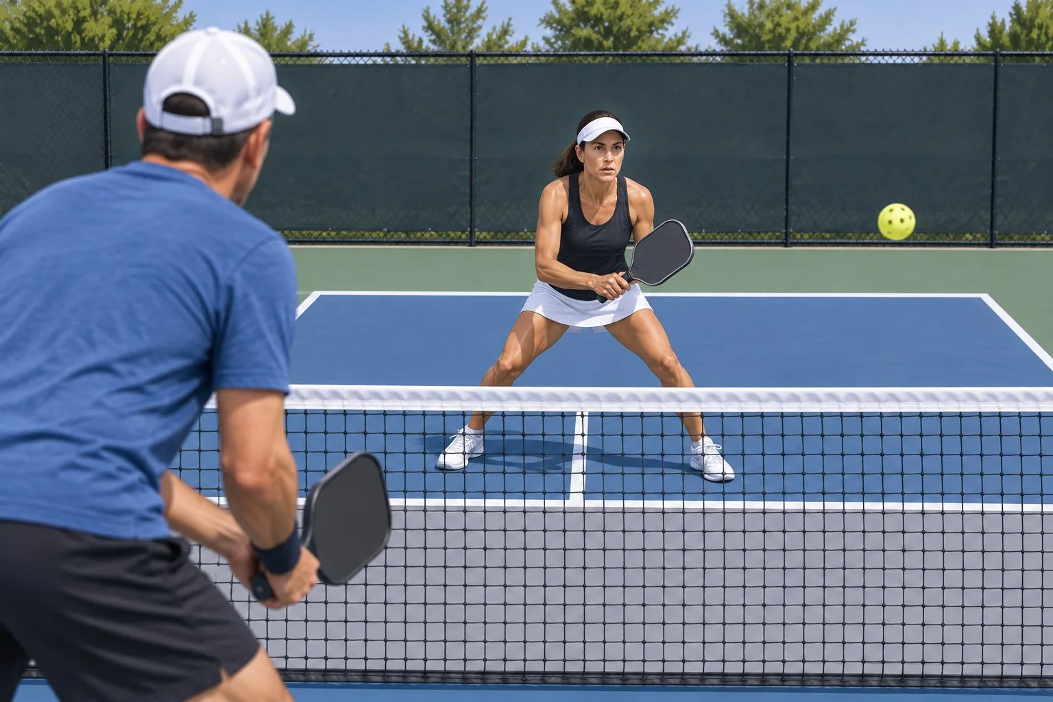 Jugador de pickleball leyendo una devolución profunda tras el saque