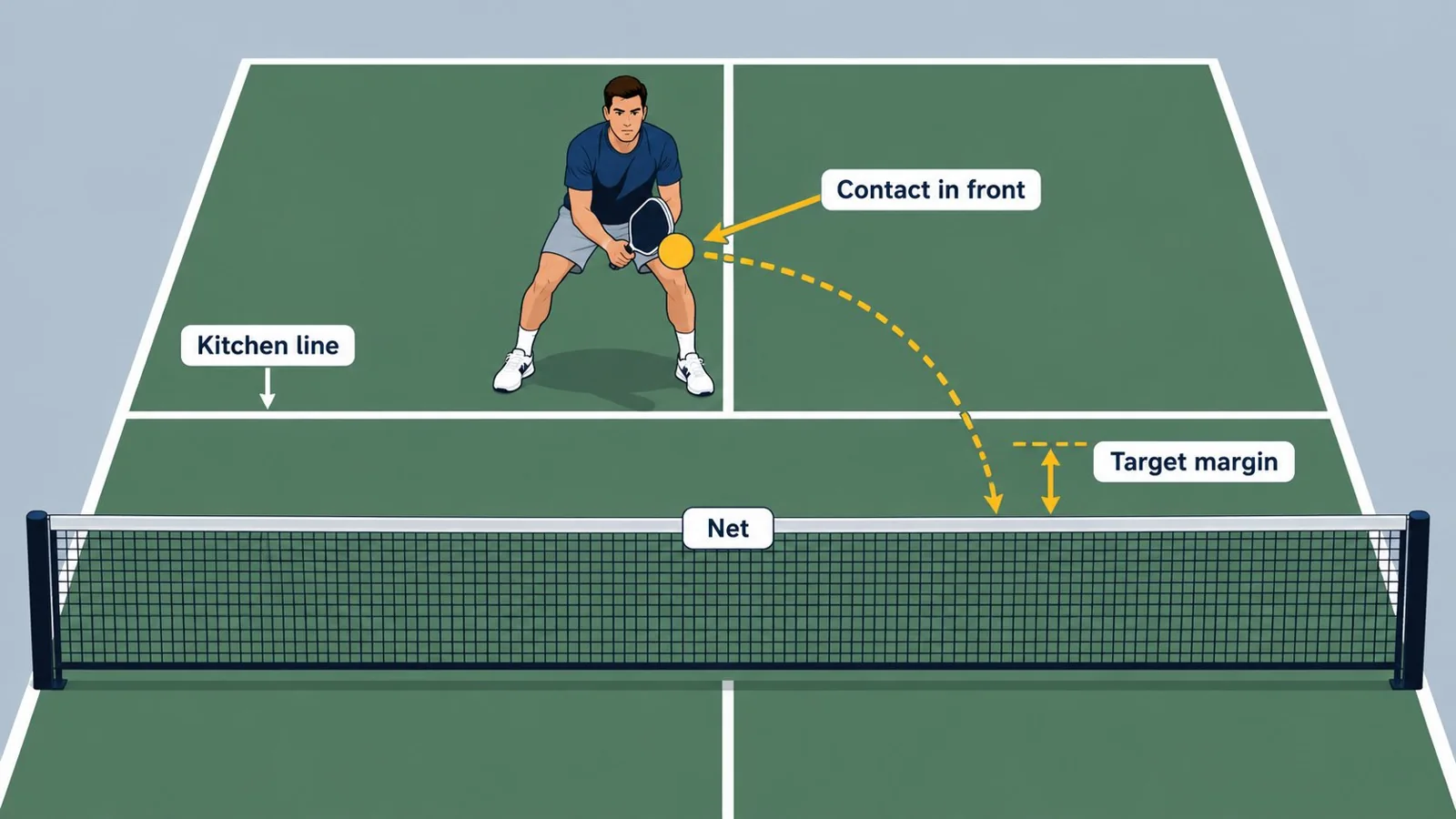 Side-view instructional graphic showing low, medium, and high volley trajectories