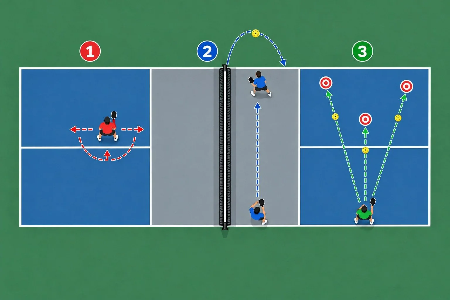 Sơ đồ ba bài tập overhead: footwork, feed lob và nhắm mục tiêu rồi hồi vị