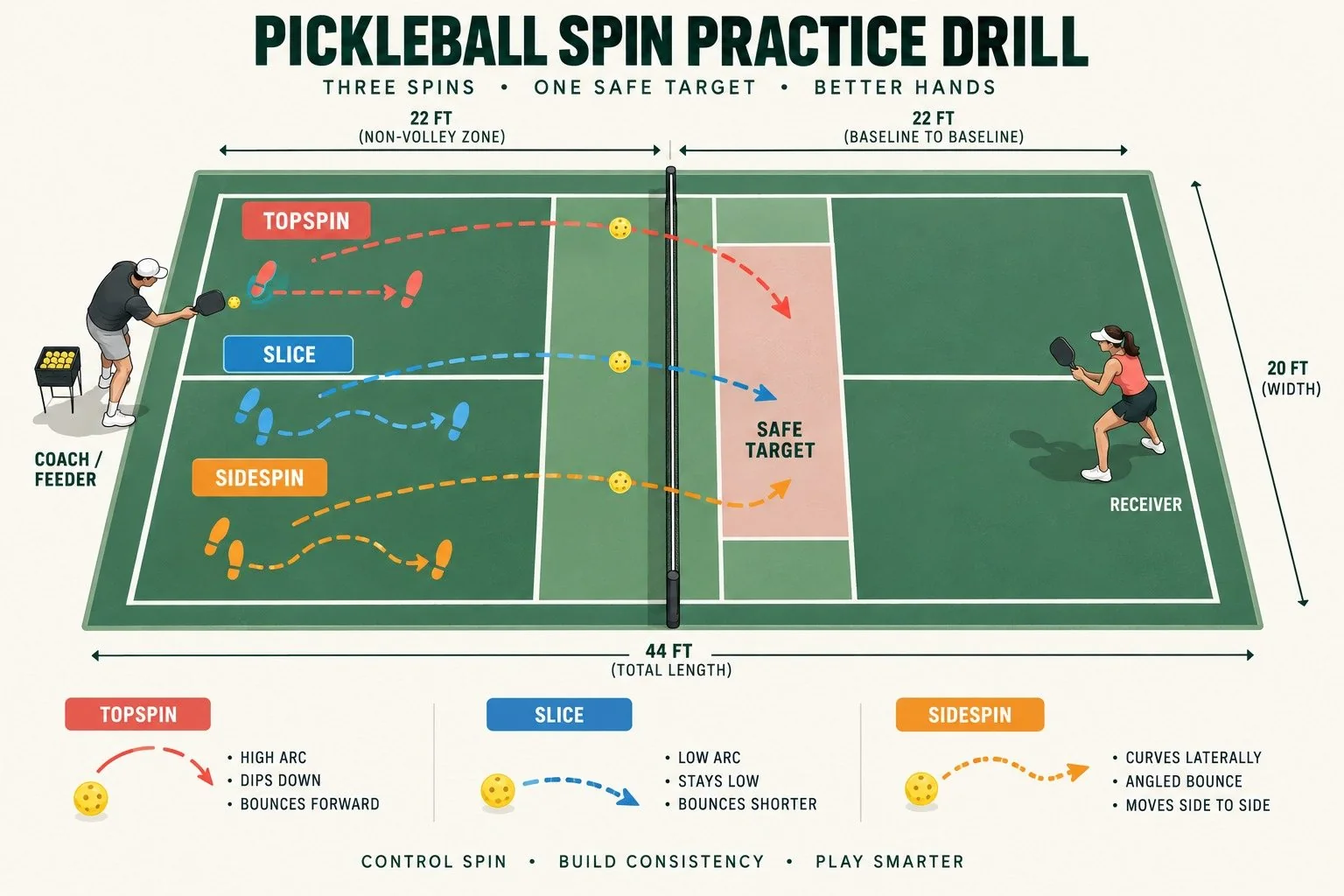 Close instructional view of a player adjusting paddle angle and footwork against topspin