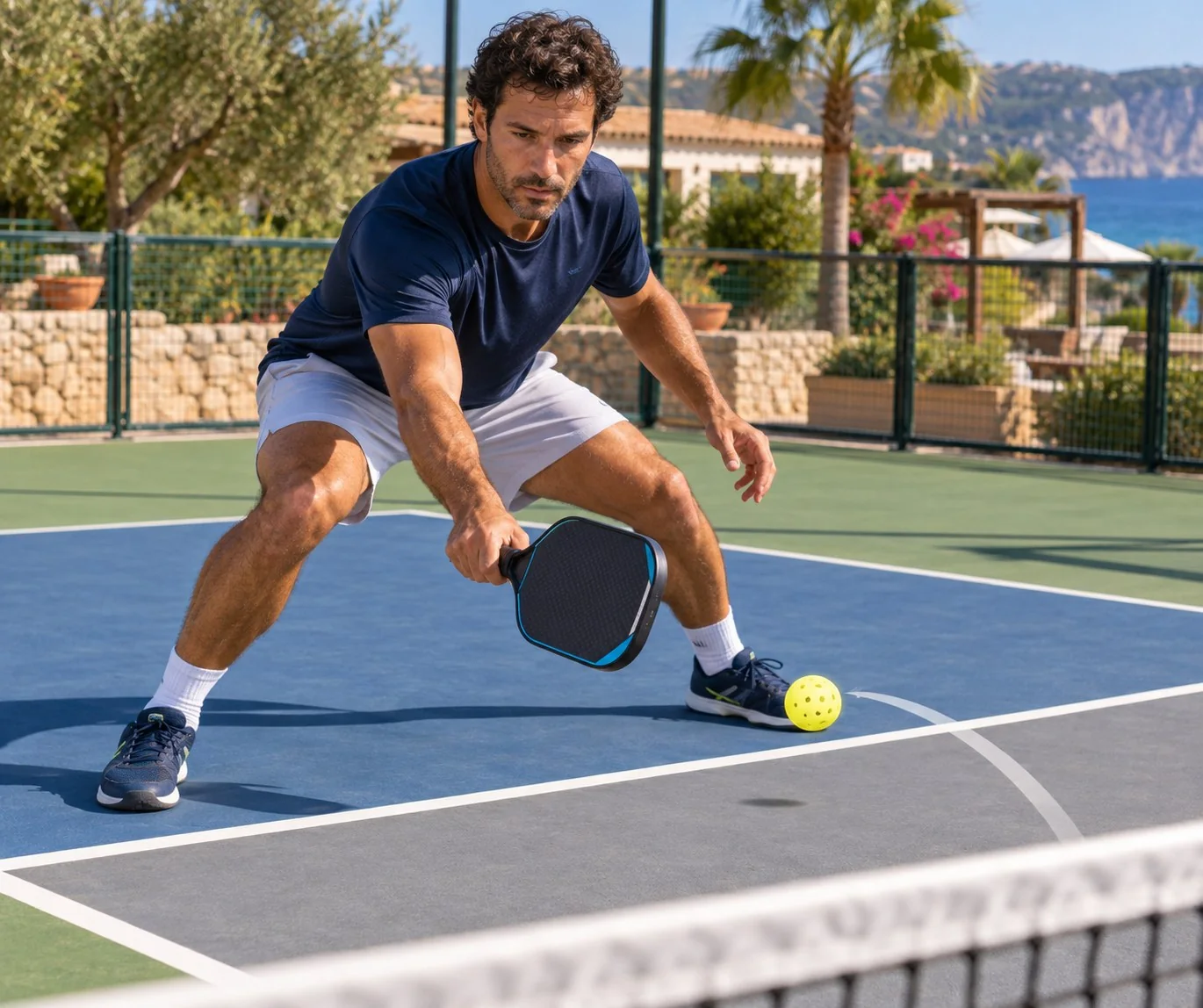 Primer plano de la postura baja y la pala delante durante un reset de pickleball