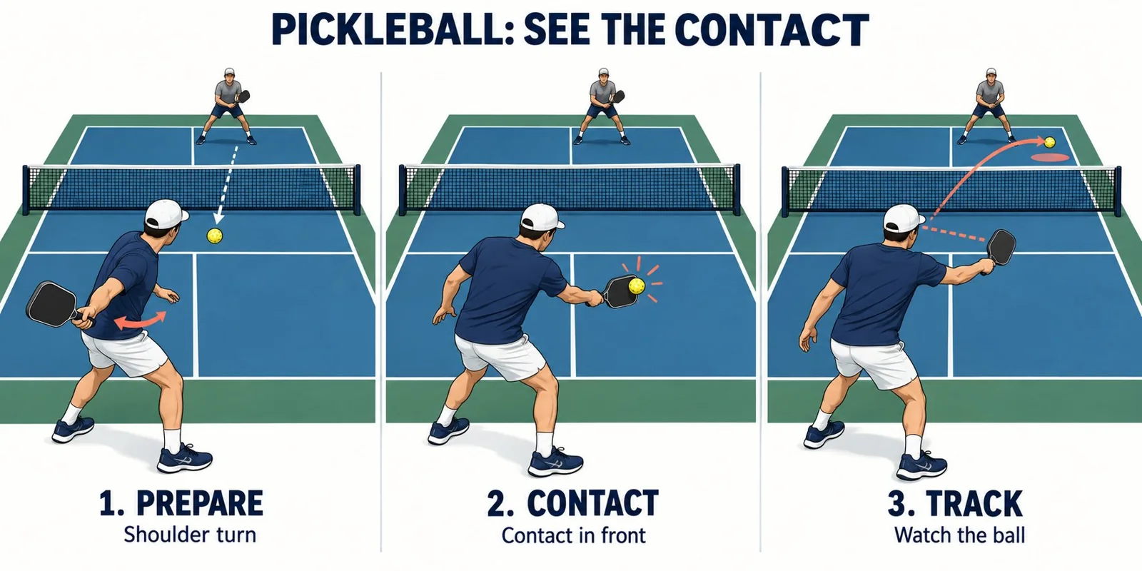 Pickleball coaching diagram showing paddle contact, eye tracking, and the first ball flight