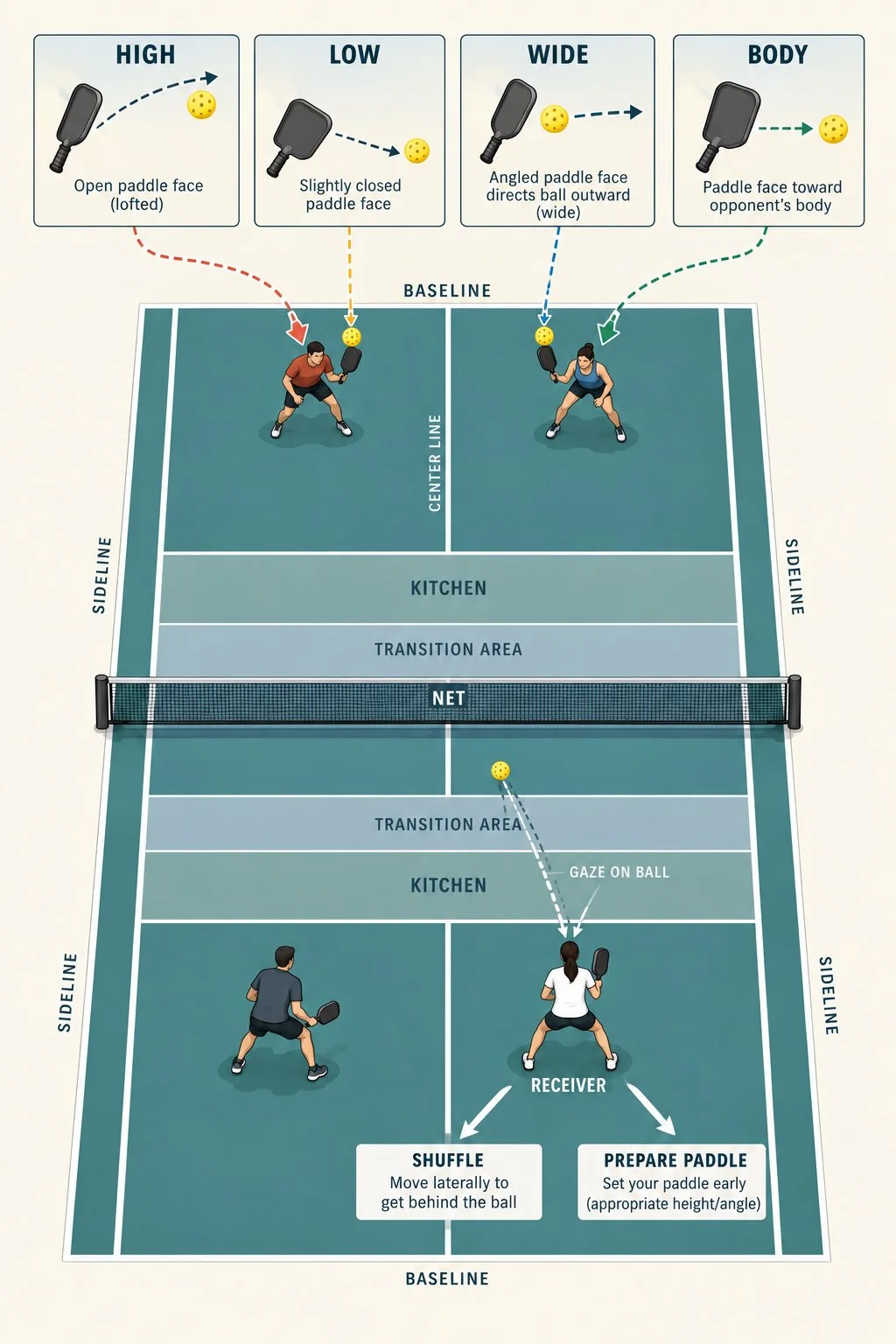 Overhead pickleball court diagram showing visual cues and decisions for high, low, wide, and body balls
