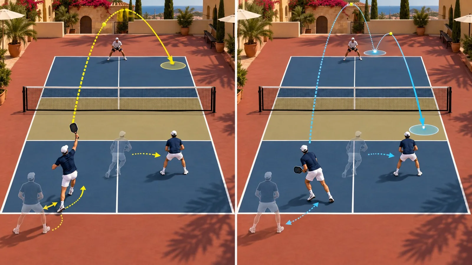 Primer plano del paso de caída y la preparación ante un globo de pickleball