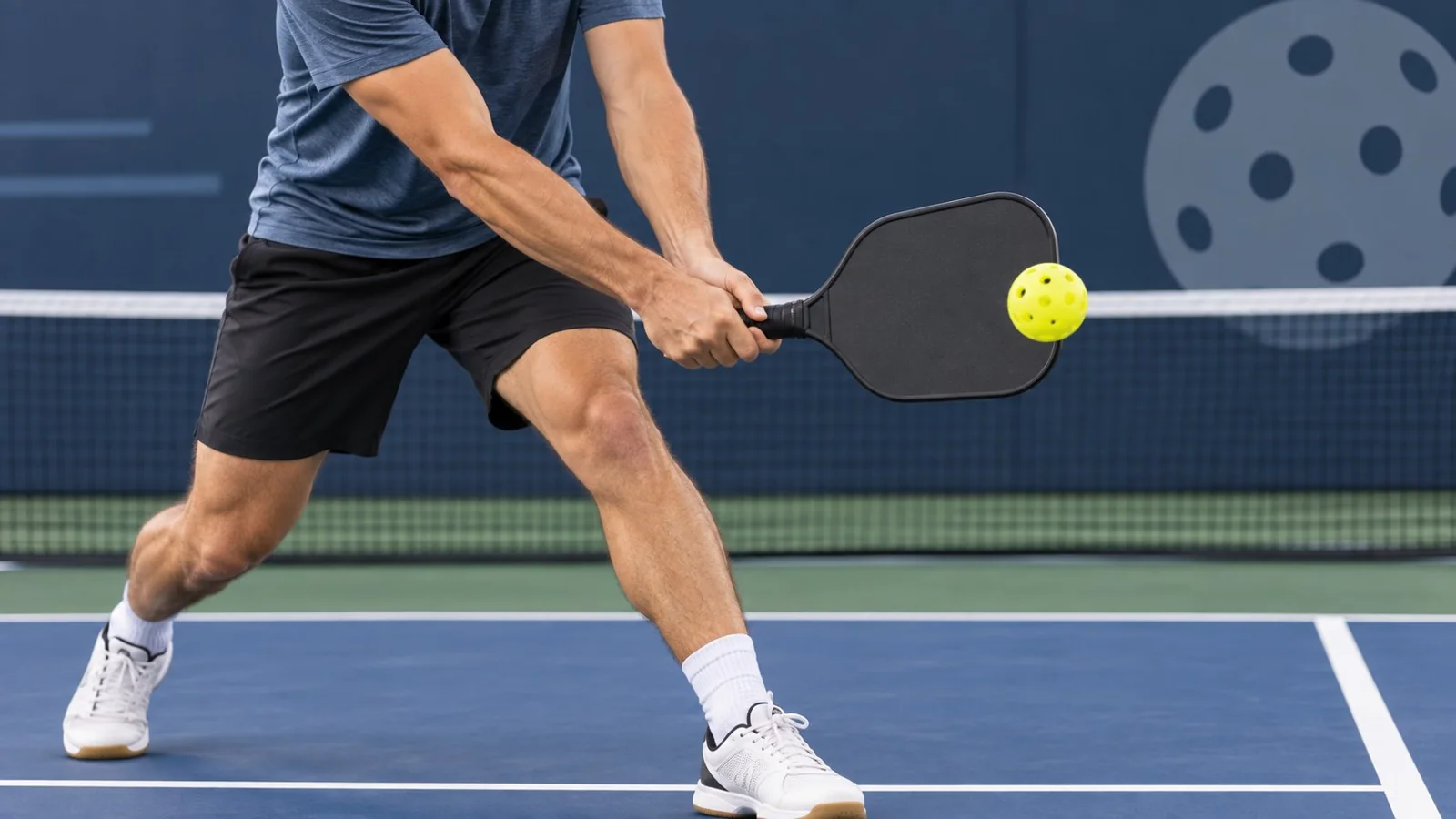 Gros plan pédagogique d’un revers à deux mains au pickleball, raquette et point de contact devant le corps