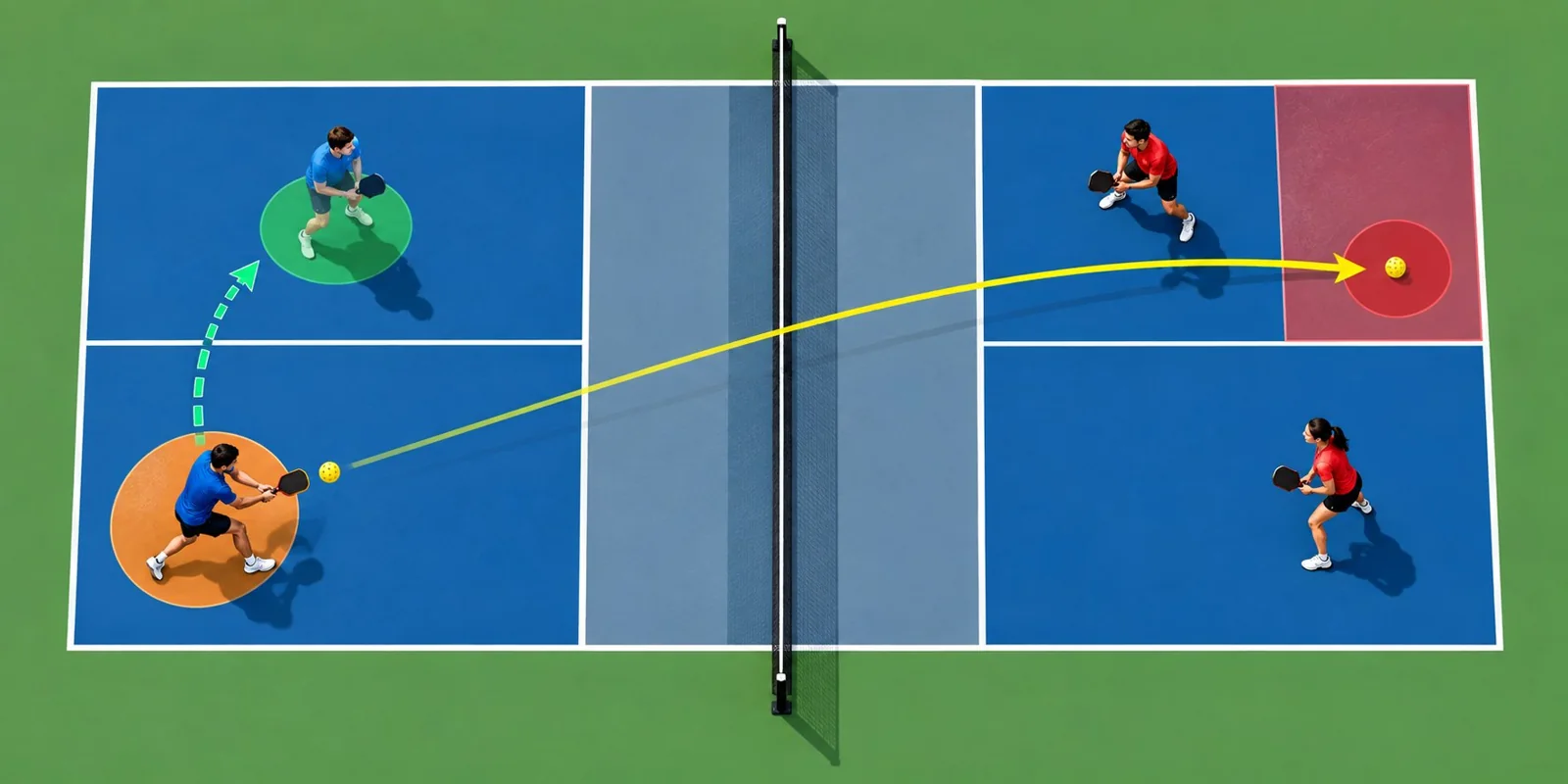 Schéma de coaching pickleball montrant les appuis, la rotation des épaules et le contact devant la hanche