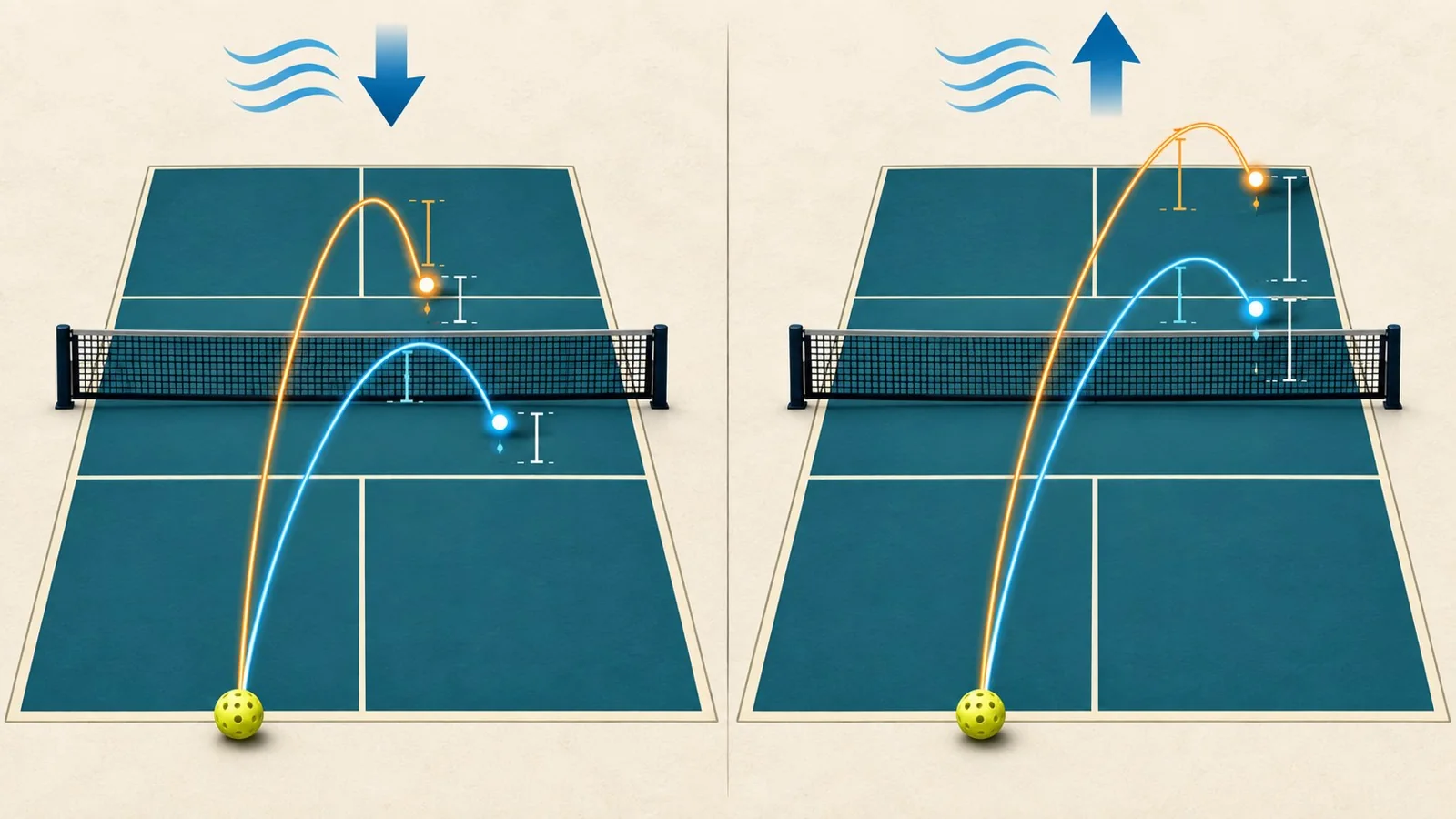 Comparaison de trajectoires de pickleball avec vent de face et vent arrière