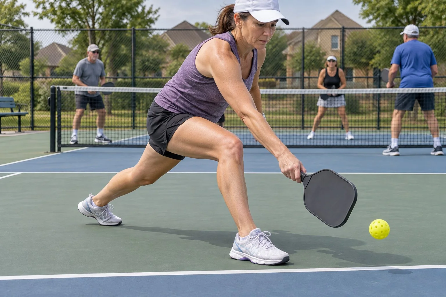 Overhead pickleball coaching diagram showing two kitchen players and a shared middle-ball zone