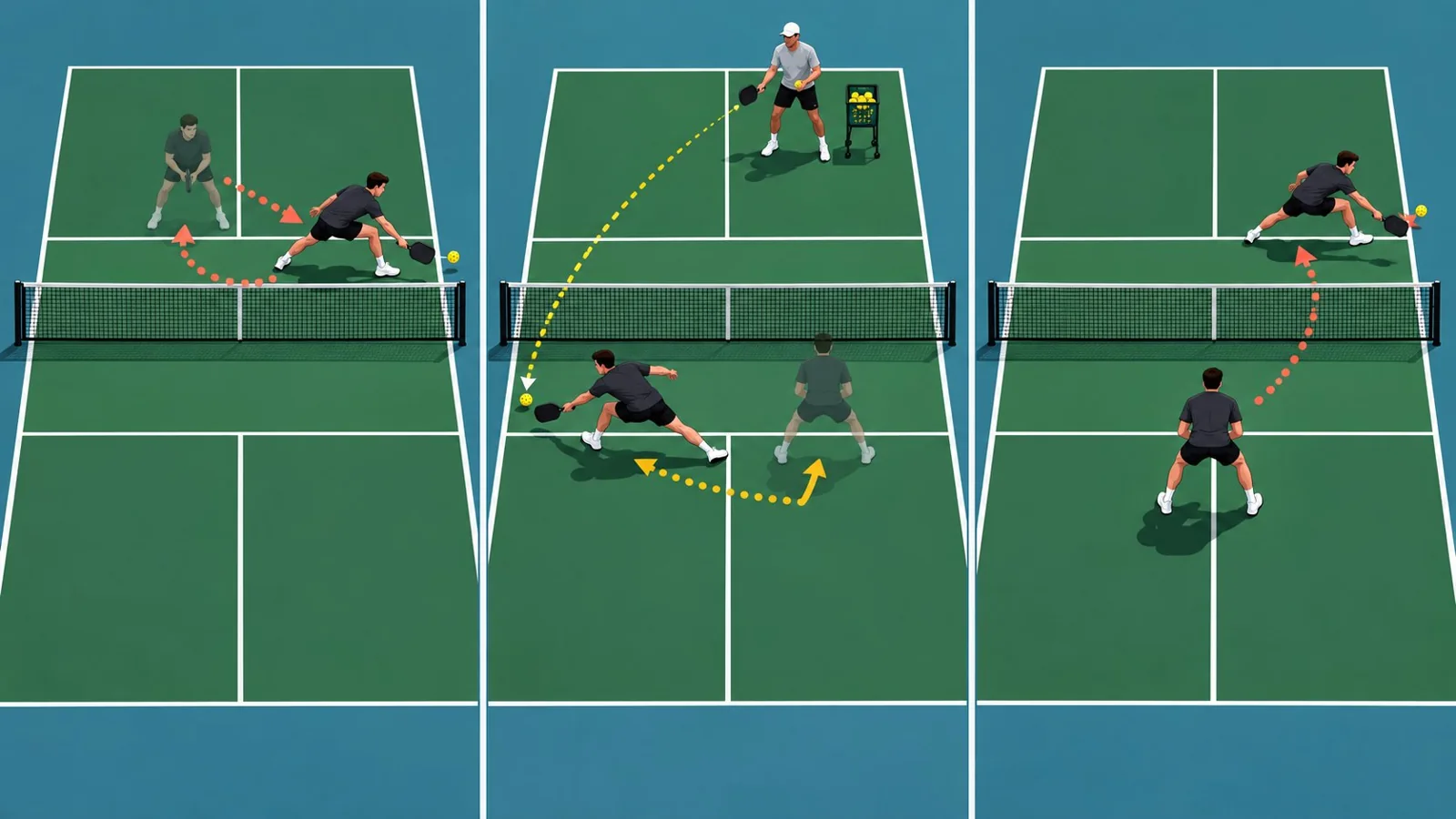 Overhead pickleball diagram showing middle-ball communication, partner coverage, and recovery paths