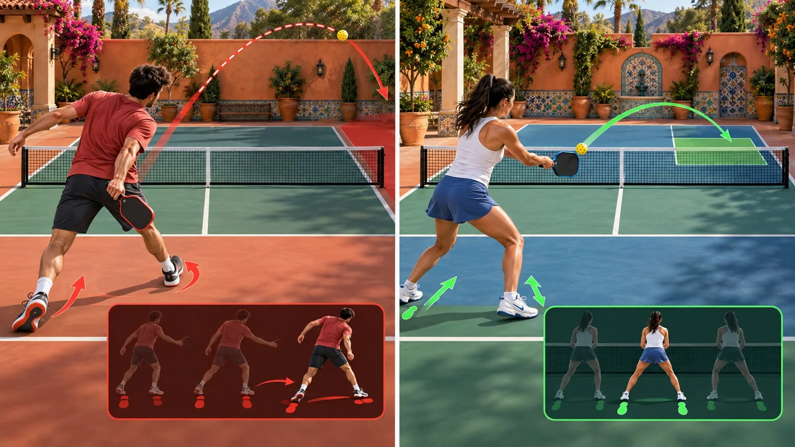 Diagrama comparativo de contacto delante y contacto tardío en pickleball