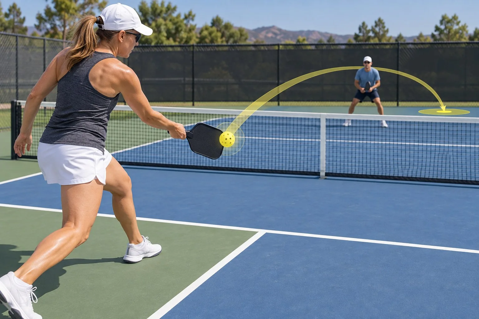 Overhead coaching diagram of a high deep pickleball return and recovery path
