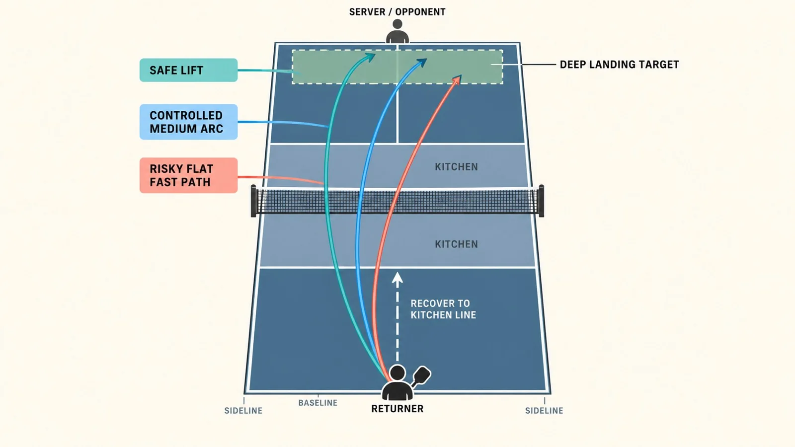 Technical close-up showing forward contact and paddle path for a controlled pickleball return