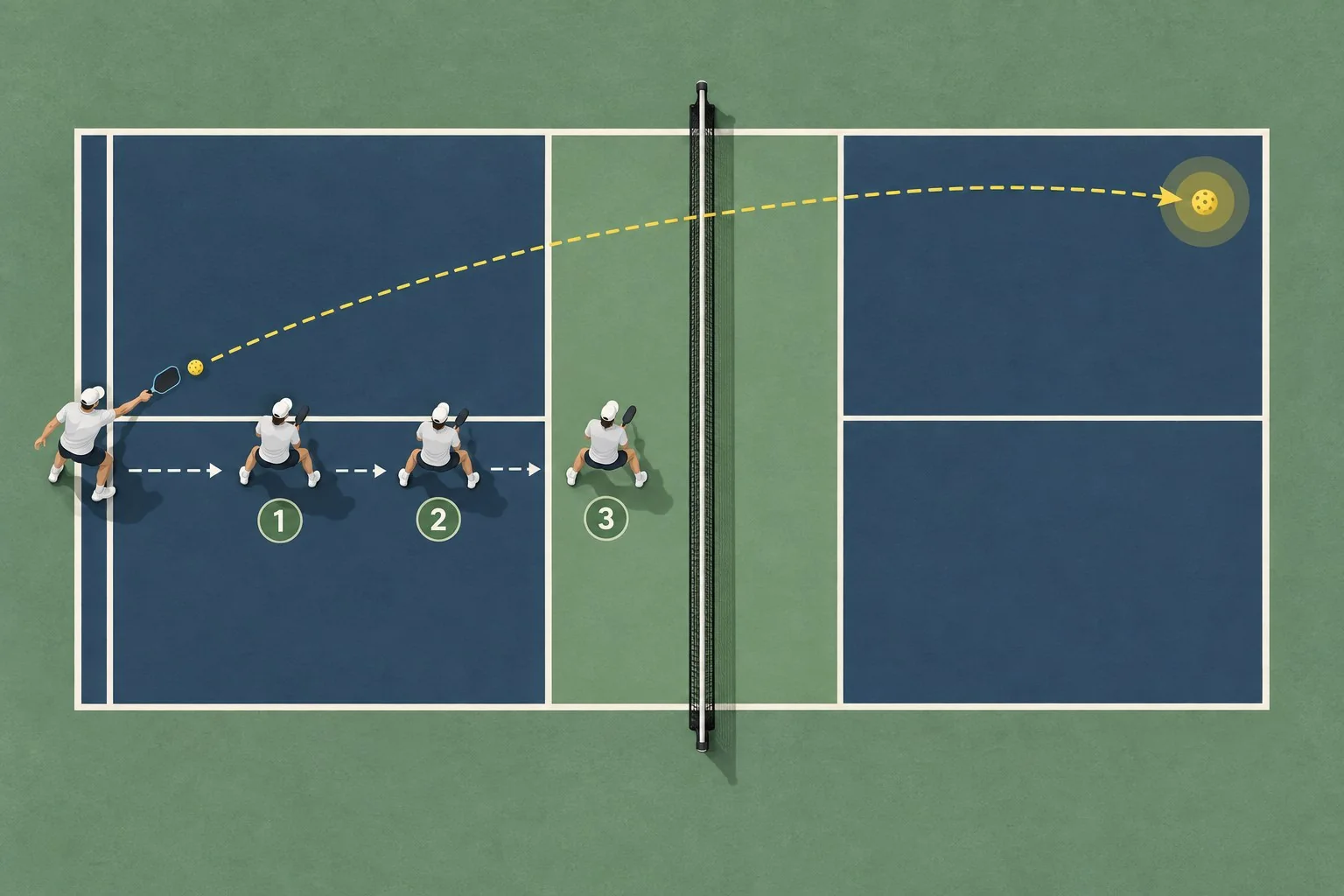 Overhead practice diagram comparing safe, medium, and risky pickleball return trajectories