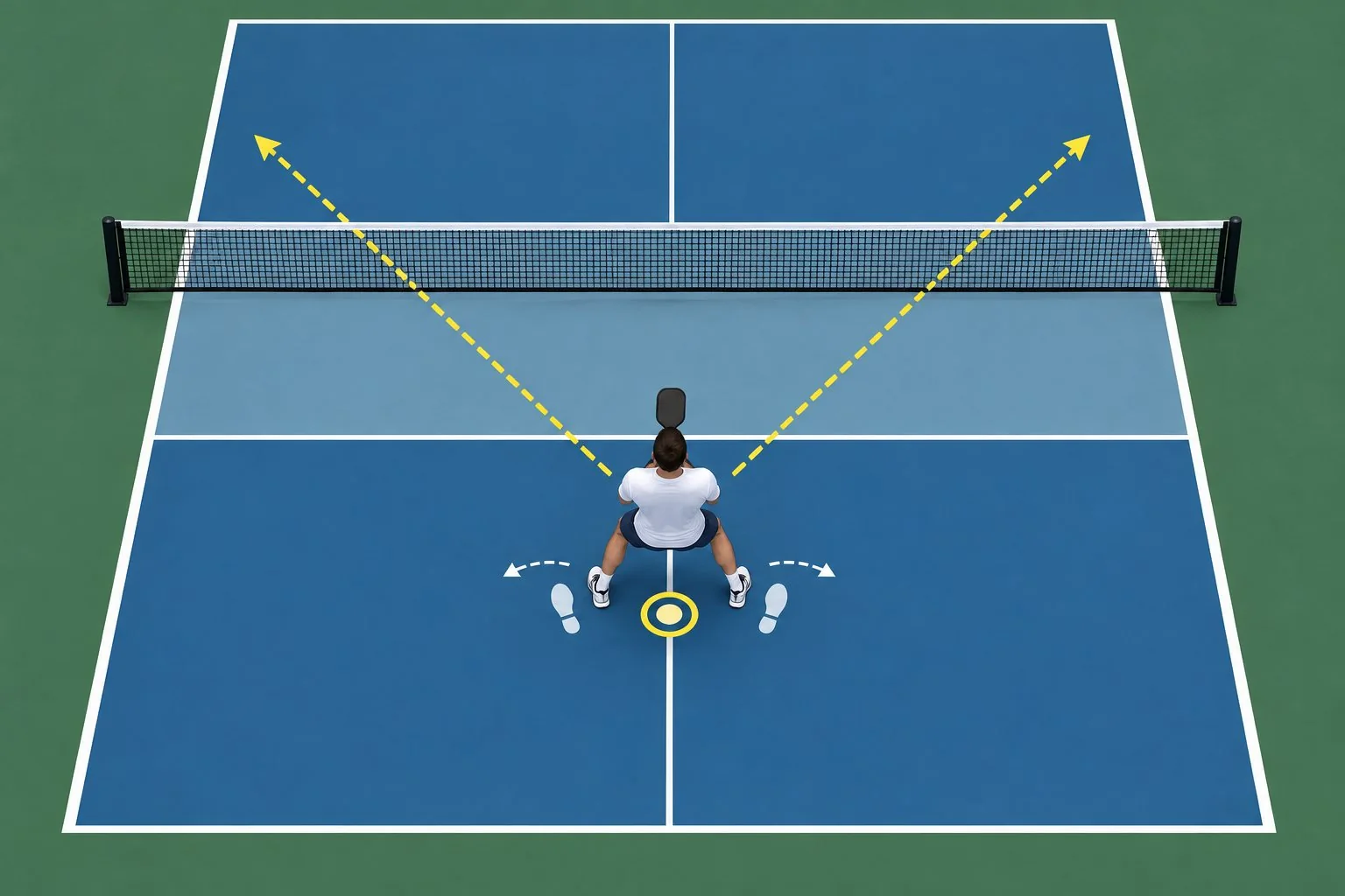Overhead coaching diagram of the serve-plus-one sequence, return path, and recovery zones