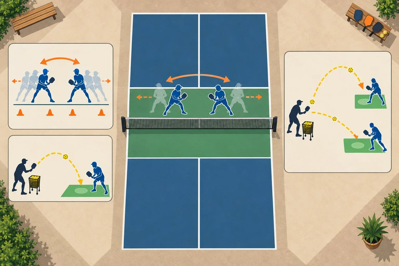 Overhead practice diagram for ready-position footwork and partner recovery repetitions