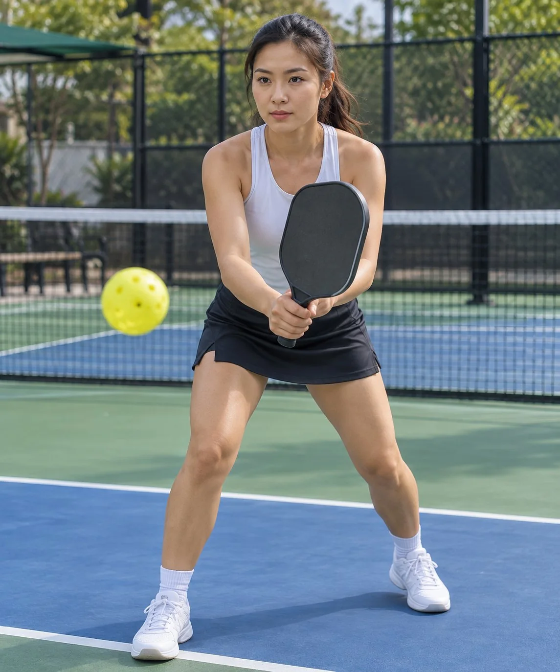 Cận cảnh tay cầm và điểm đặt vợt trung tính khi chờ bóng pickleball