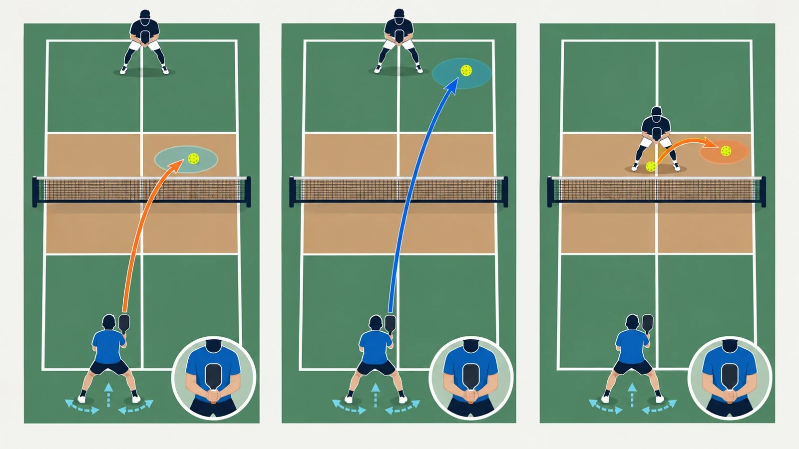 Sơ đồ ba lựa chọn mặt vợt trung tính cho dink, drive và vô-lê pickleball