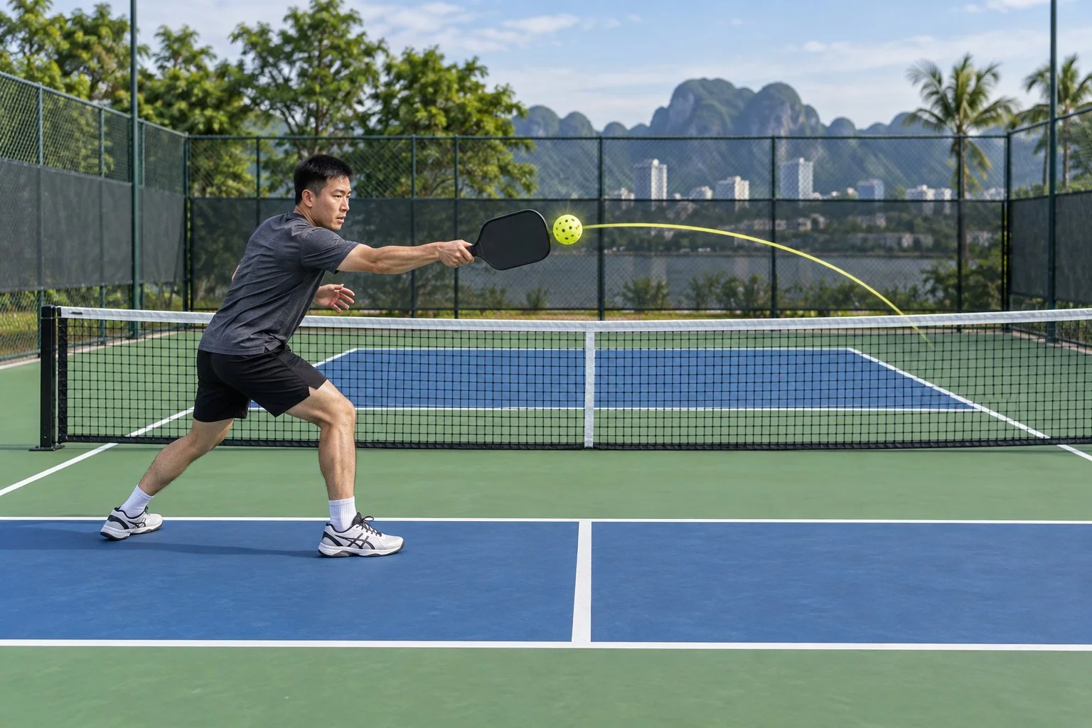 Cận cảnh tư thế vợt cao và điểm chạm trước thân khi volley thuận tay