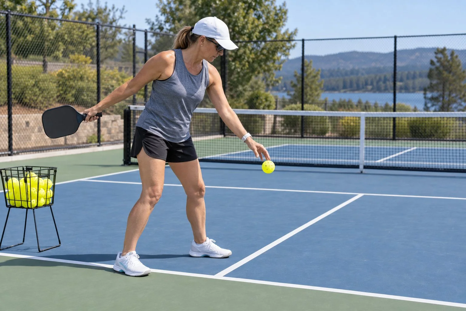 Pickleball player releasing the ball from a repeatable serve starting point