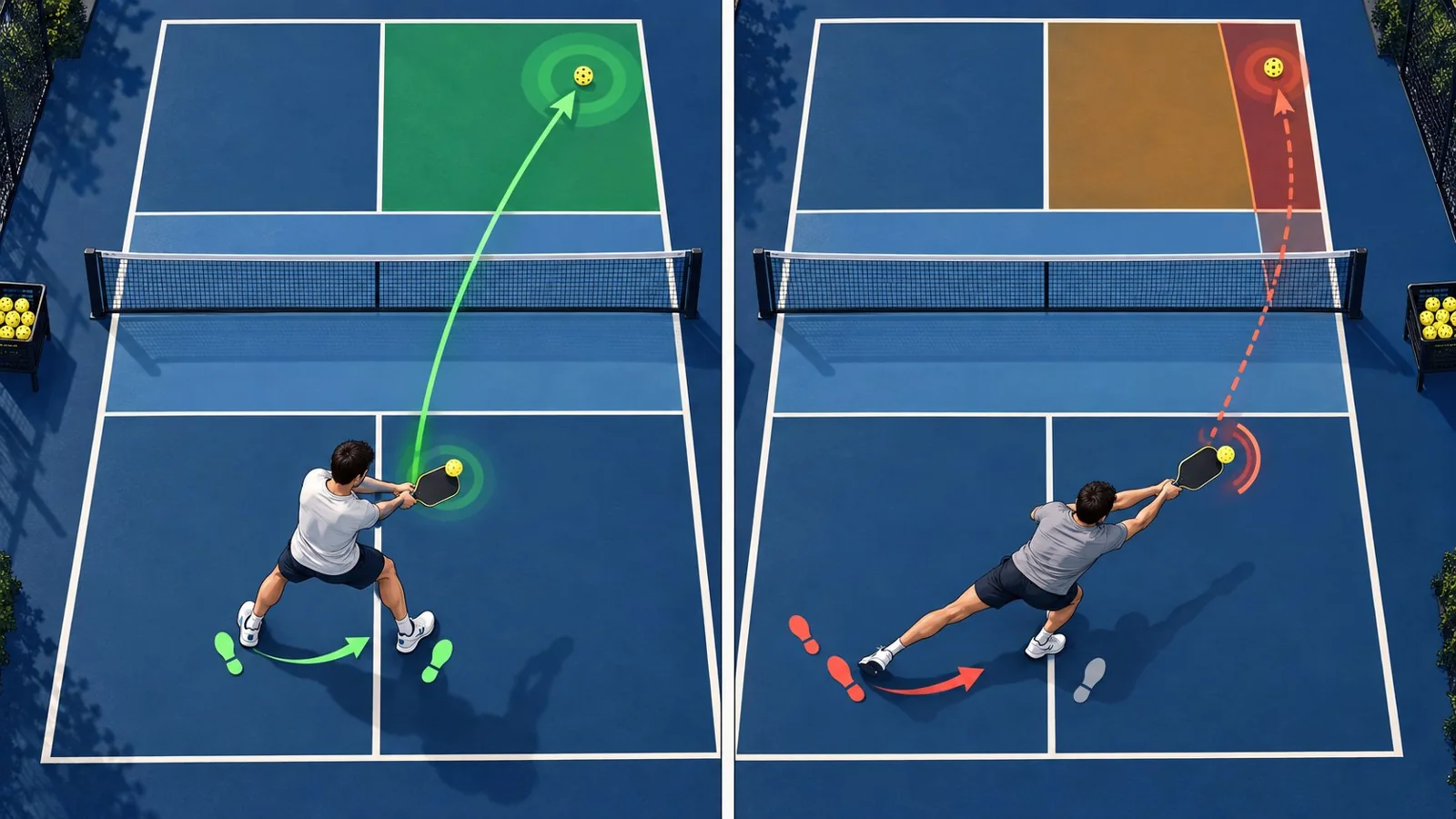 Comparación visual entre contacto equilibrado y contacto tardío en el revés