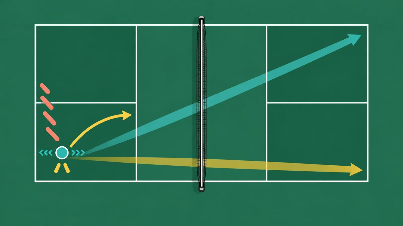 Overhead pickleball singles diagram showing center recovery and passing lanes
