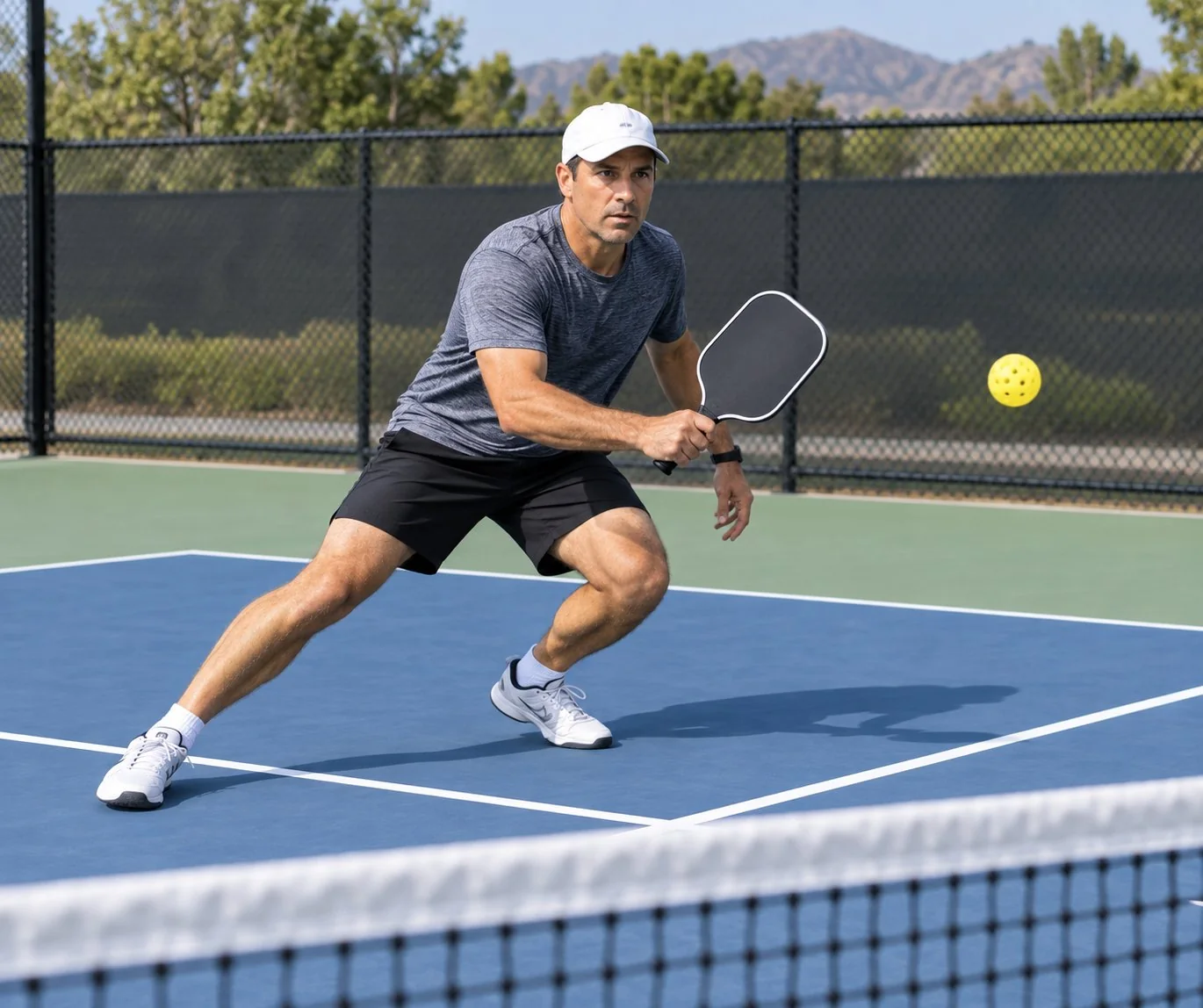 Instructional pickleball image showing balanced braking after a wide singles run