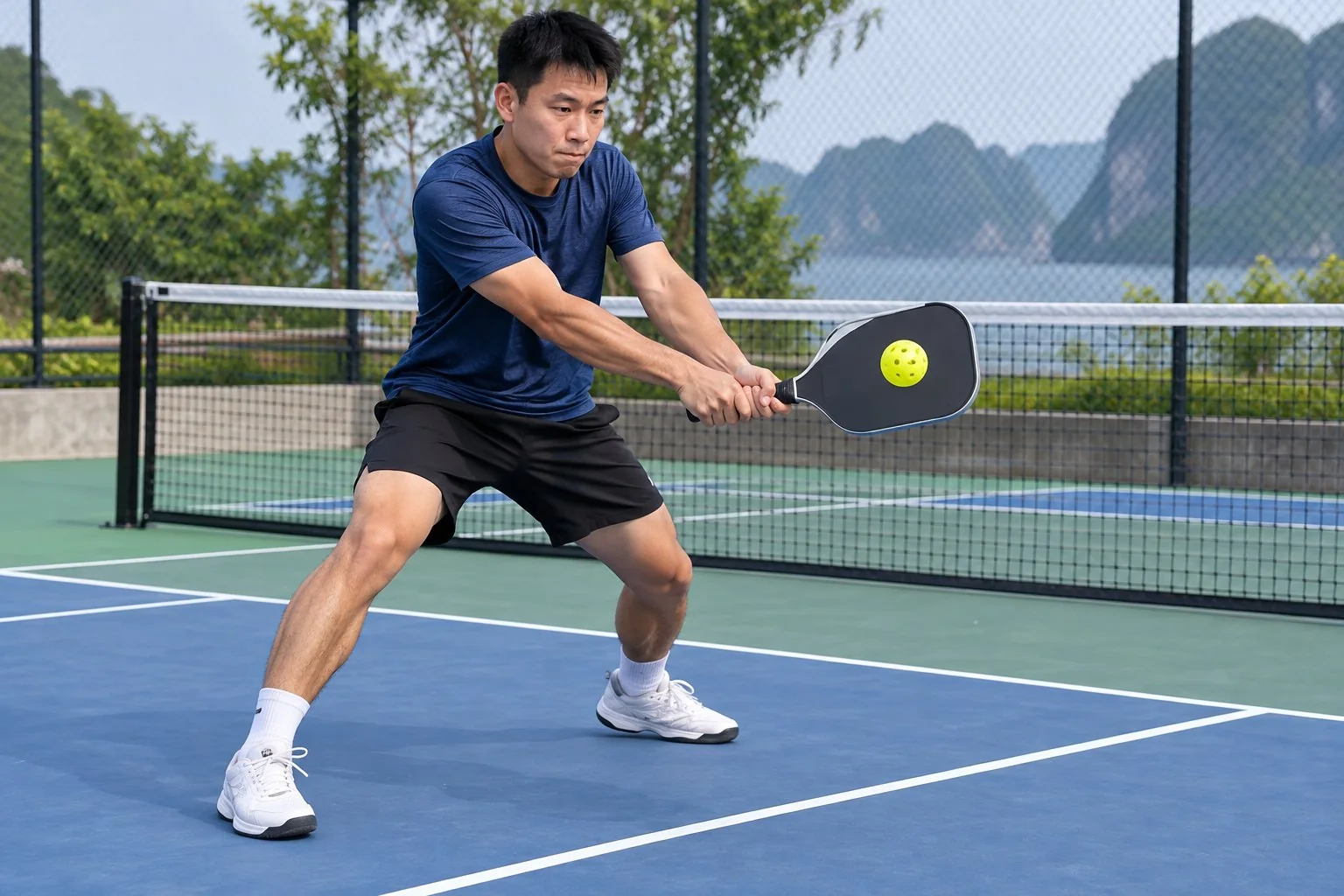 Cận cảnh tư thế thấp, hai tay giữ vợt trước thân và điểm chạm reset trái tay