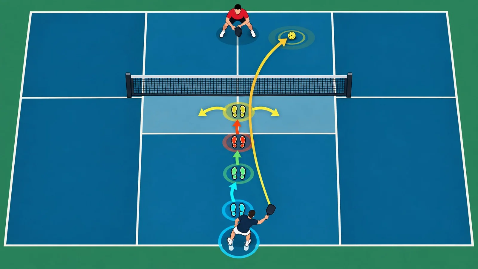 Schéma pédagogique des appuis et du freinage pendant un coup d’approche au pickleball